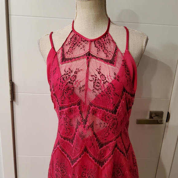 Free People Nothing Like This Hot Pink Lace Overlay Mini Dress Size 10 - Picture 5 of 14